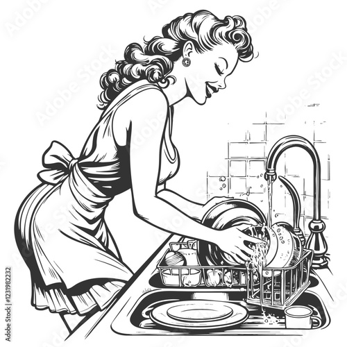 smiling retro housewife washing dishes at the sink, bubbly water sketch engraving generative ai fictional character vector illustration. Scratch board imitation. Black and white image.