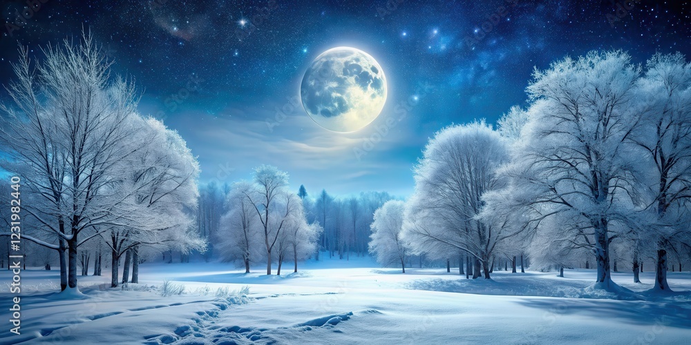 Snowy forest with bare trees illuminated by full moon light at night during winter season, winter woodland scenery , nighttime frost Snowy forest with bare trees illuminated by full moon light at night during winter season, winter woodland scenery , nighttime frost