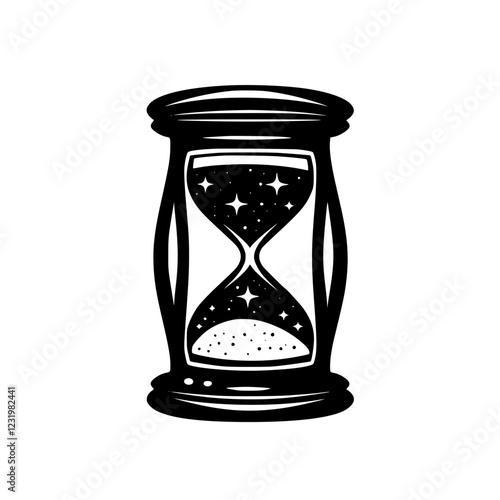 Unique black and white illustration of a classic hourglass filled with sand and stars in a mystical design