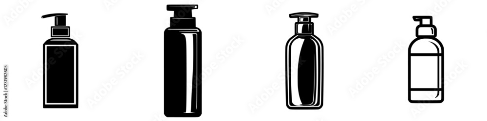 Collection of black silhouette cosmetic bottles in various shapes and sizes for skincare and beauty products Collection of black silhouette cosmetic bottles in various shapes and sizes for skincare and beauty products