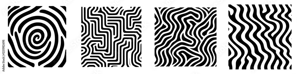 Intricate black and white patterns showcasing various abstract designs with curves and swirls Intricate black and white patterns showcasing various abstract designs with curves and swirls
