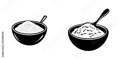 Bowls filled with granulated and powdered sugar displayed side by side on a white background