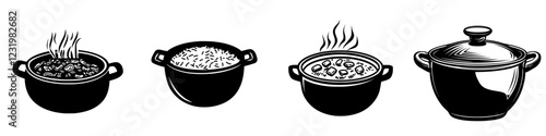 Cooking process of various dishes in black and white art style showcasing traditional kitchen equipment