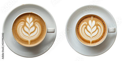 Coffee cup with swirl of cream on white plate

