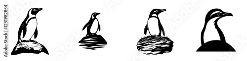 Various stylized penguin illustrations showing different poses and activities on rocks and nests at a coastal setting