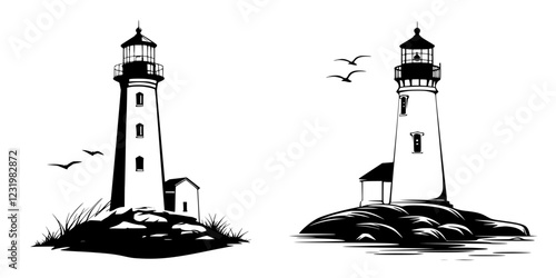 Two distinct lighthouse designs surrounded by rocks and seagulls in a coastal setting