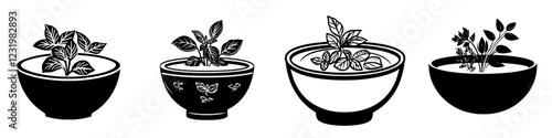 Different varieties of herbs growing in bowls arranged on a white background showcasing culinary gardening