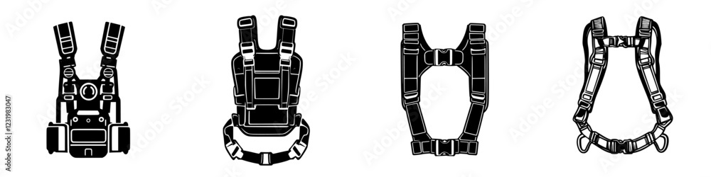 Various styles of harnesses displayed side by side for outdoor activities and safety purposes Various styles of harnesses displayed side by side for outdoor activities and safety purposes