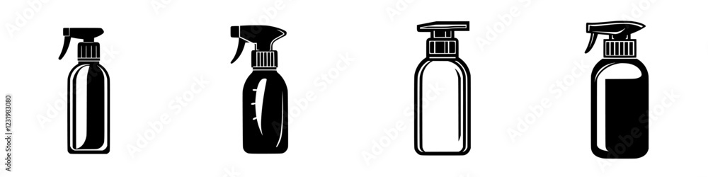 Various spray bottle designs in black and white showcasing different shapes and sizes Various spray bottle designs in black and white showcasing different shapes and sizes