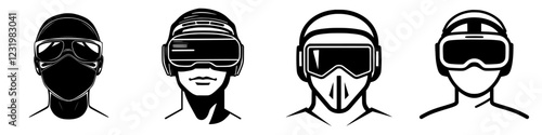 Different styles of face coverings and goggles displayed in a creative concept illustrating protection and technology