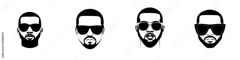 Varied expressions of a stylish man with sunglasses in a graphic design setting Varied expressions of a stylish man with sunglasses in a graphic design setting