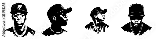 Stylized black and white portraits of a hip-hop artist wearing caps and chains