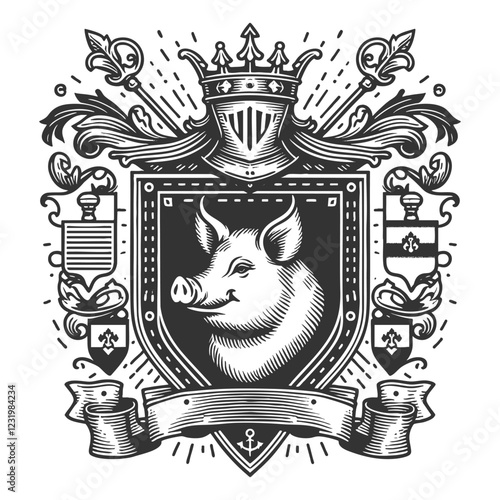 medieval coat of arms with boar, knight helmet, crossed swords, symbolizing strength and heritage sketch engraving generative ai vector illustration. Scratch board imitation. Black and white image.