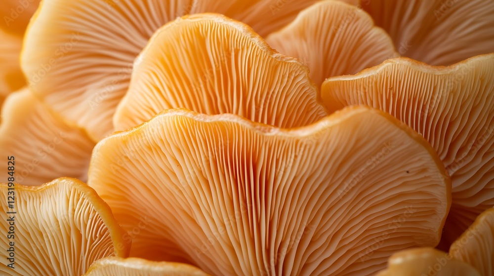 Close-up of delicate, pale orange oyster mushrooms, showcasing their intricate gill structure and texture. (1) Close-up of delicate, pale orange oyster mushrooms, showcasing their intricate gill structure and texture. (1)