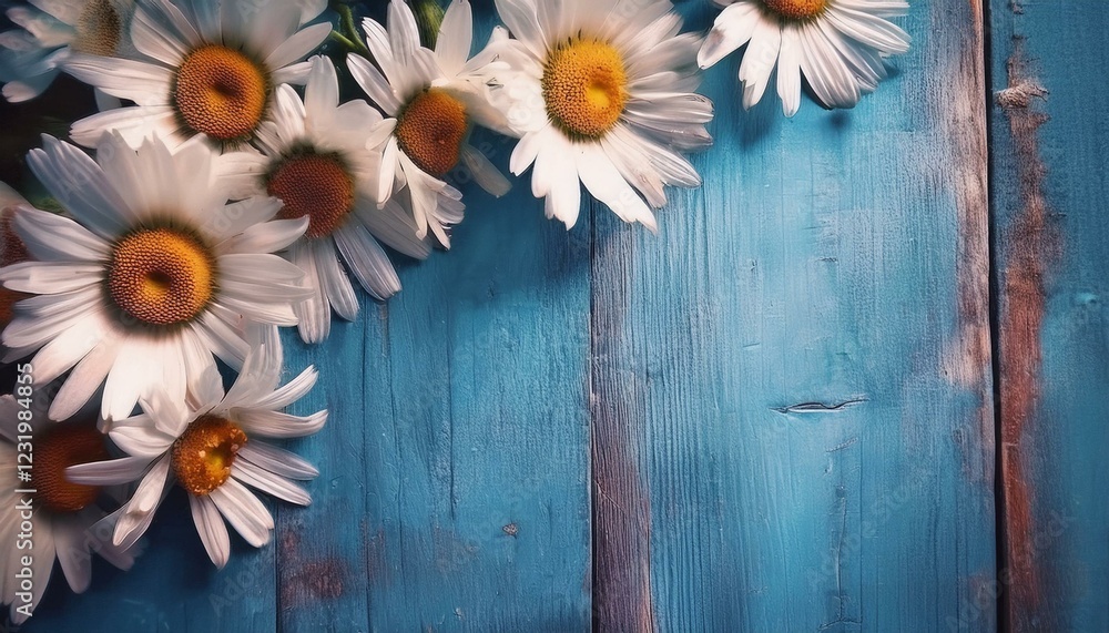 Obraz premium border of many white daisy flowers with yellow centres on blue wood background with copy space