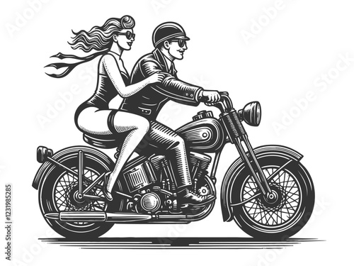couple on a vintage motorcycle, evoking adventure, romance, and classic style sketch engraving generative ai fictional character vector illustration. Scratch board imitation. Black and white image.