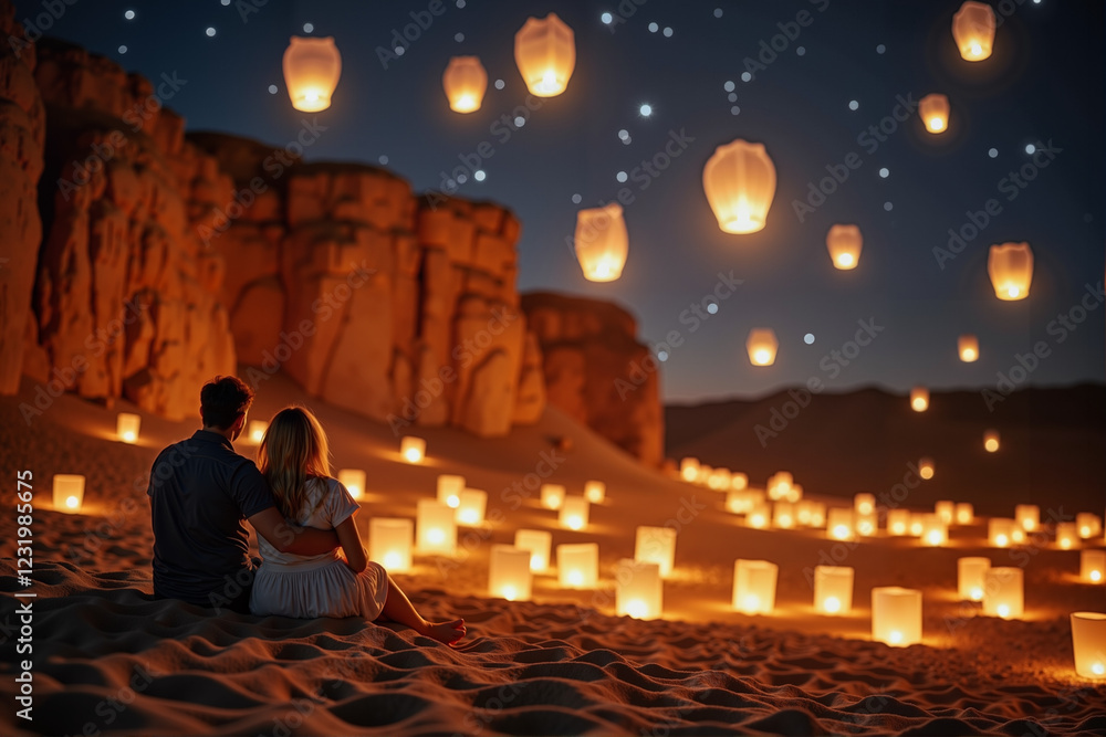 Couple gazing at floating lanterns on sandy cliff, magical night Couple gazing at floating lanterns on sandy cliff, magical night