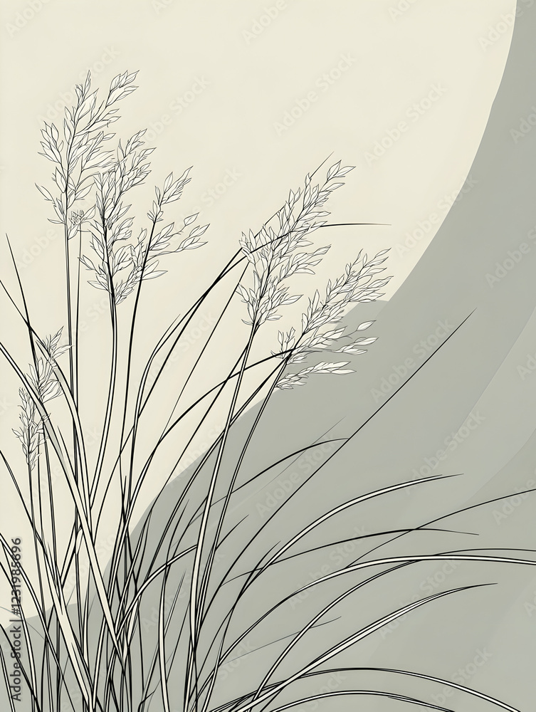 Elegant grayscale illustration of tall grasses swaying gently in a serene landscape, ideal for home decor or wellness publications Elegant grayscale illustration of tall grasses swaying gently in a serene landscape, ideal for home decor or wellness publications