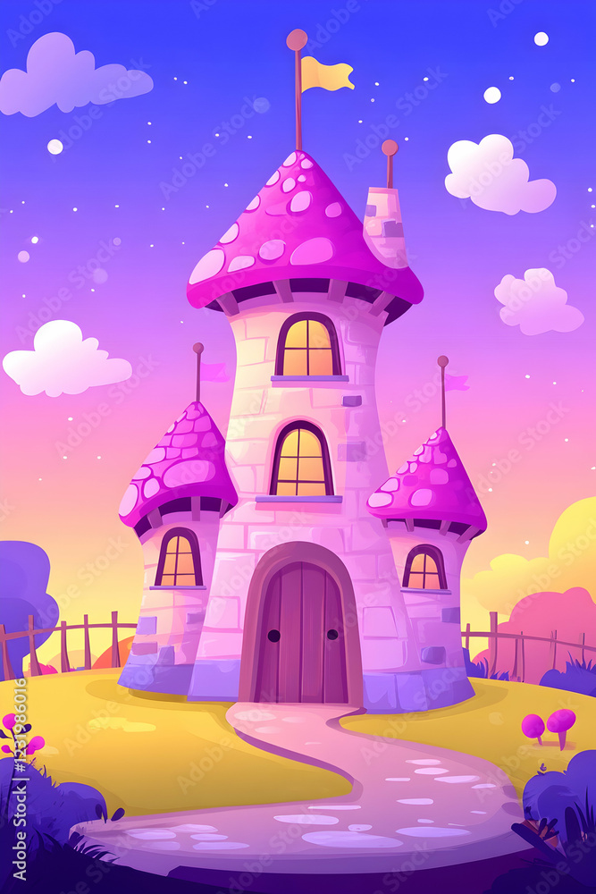 Fototapeta premium Fairytale castle sunset landscape, whimsical design, path leading to door, children's book illustration