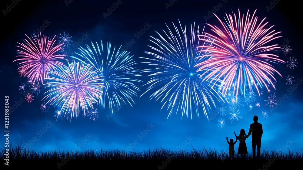 Family watching fireworks display at night, celebrating a special occasion (1) Family watching fireworks display at night, celebrating a special occasion (1)