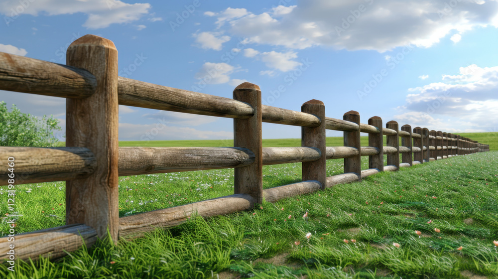 wooden fence stretches across green field under blue sky with clouds, creating serene landscape. scene evokes sense of tranquility and nature beauty wooden fence stretches across green field under blue sky with clouds, creating serene landscape. scene evokes sense of tranquility and nature beauty