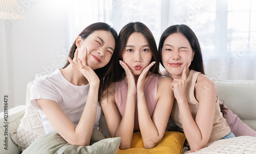 Closeup portrait of young beautiful asian group of friends girl in morning makeup routine. Beauty blogger woman with perfect glow skin dress up. Health care woman, together lifestyle cosmetic blogger