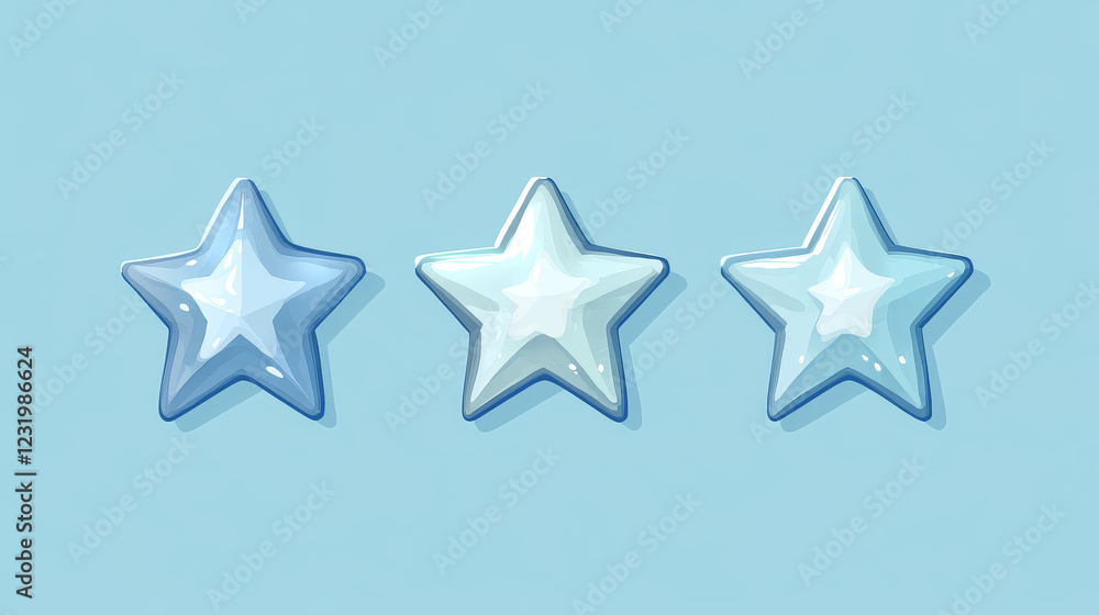 Silver game rank stars set isolated on blue background. Vector cartoon illustration of sparkling gray icons, symbols of score points, ranking progress reward, military buttons, gui design elements Silver game rank stars set isolated on blue background. Vector cartoon illustration of sparkling gray icons, symbols of score points, ranking progress reward, military buttons, gui design elements