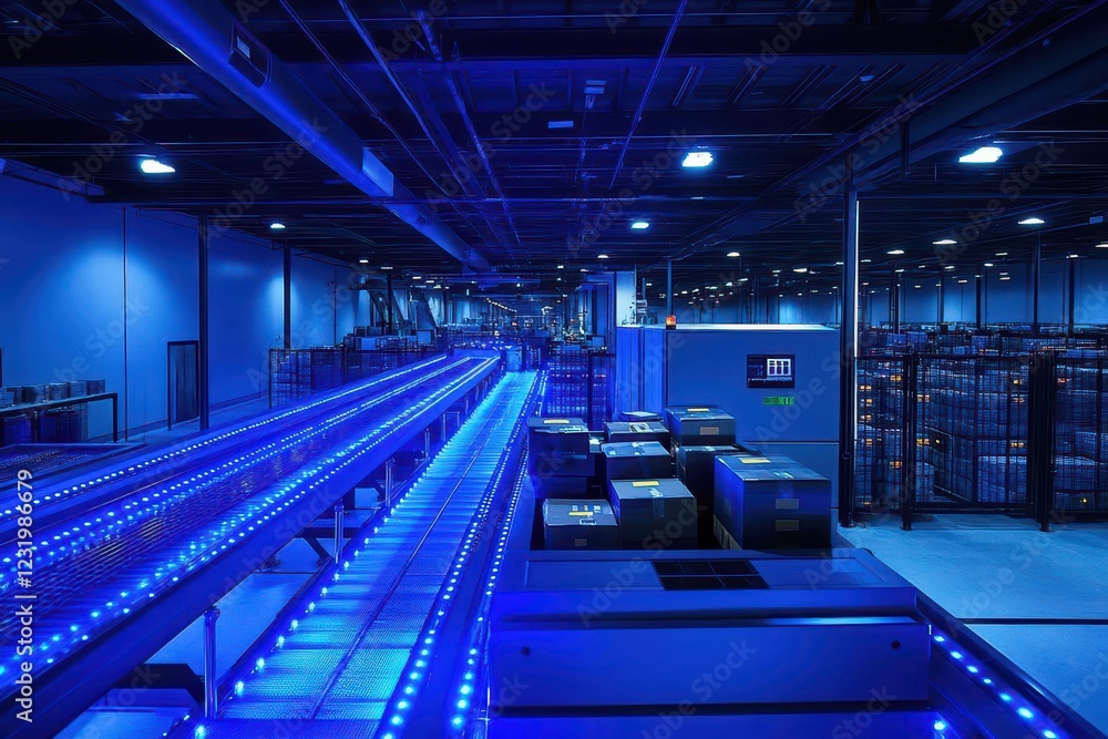 Fototapeta premium automated sorting facility with laser-guided vehicles, conveyor systems, and robotic arms processing packages, cool blue lighting and technical displays