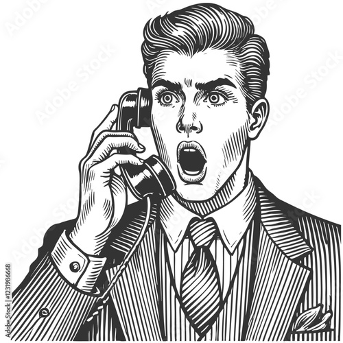 shocked businessman man in suit speaking vintage telephone surprised expression sketch engraving generative ai fictional character vector illustration. Scratch board imitation. Black and white image