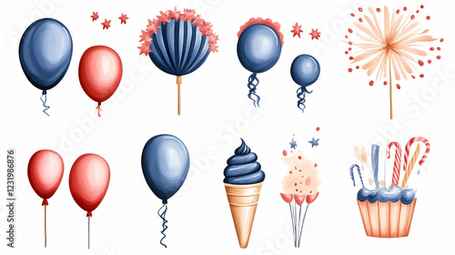 Festive watercolor illustrations balloons, fireworks, ice cream, and cupcakes; ideal for party invitations or celebratory designs photo