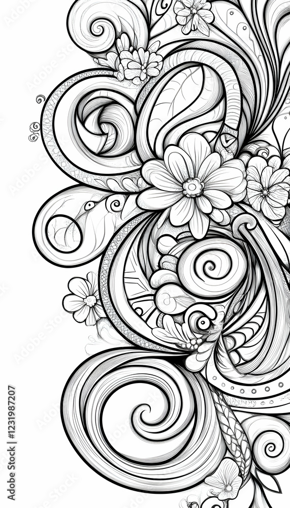 Floral swirls design, intricate pattern, decorative element, white background, for coloring book Floral swirls design, intricate pattern, decorative element, white background, for coloring book