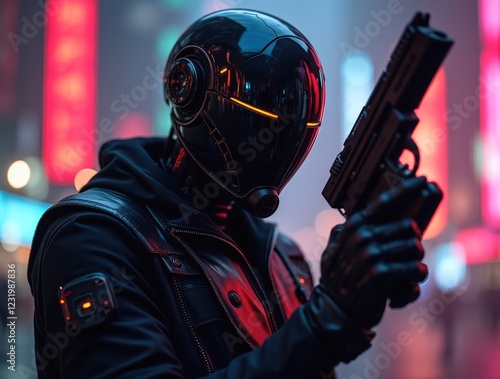 Cyberpunk assassin robot holding futuristic gun in neon city