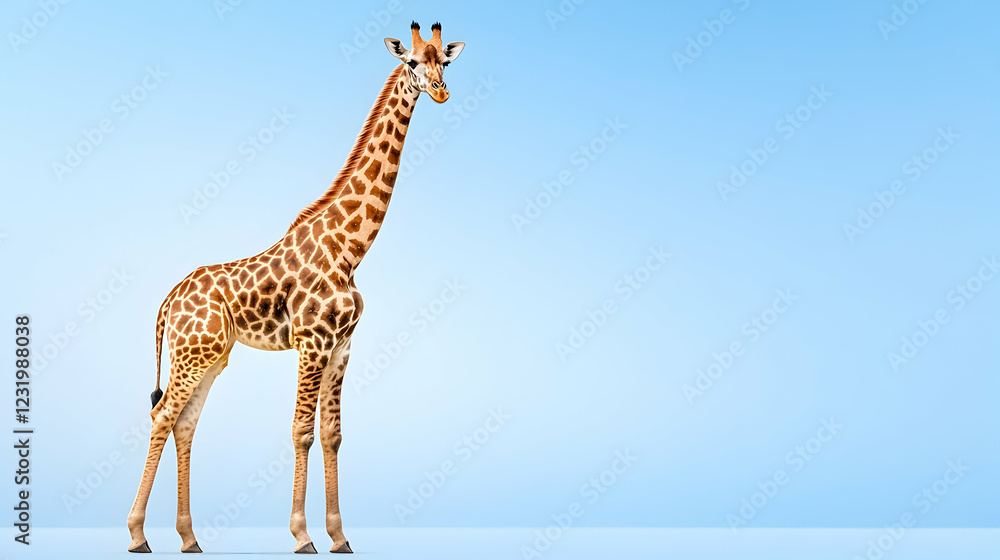 Obraz premium Giraffe standing against blue background, safari wildlife, nature conservation