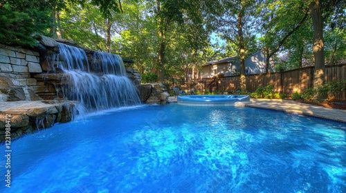 Backyard oasis Waterfall pool, hot tub, lush trees