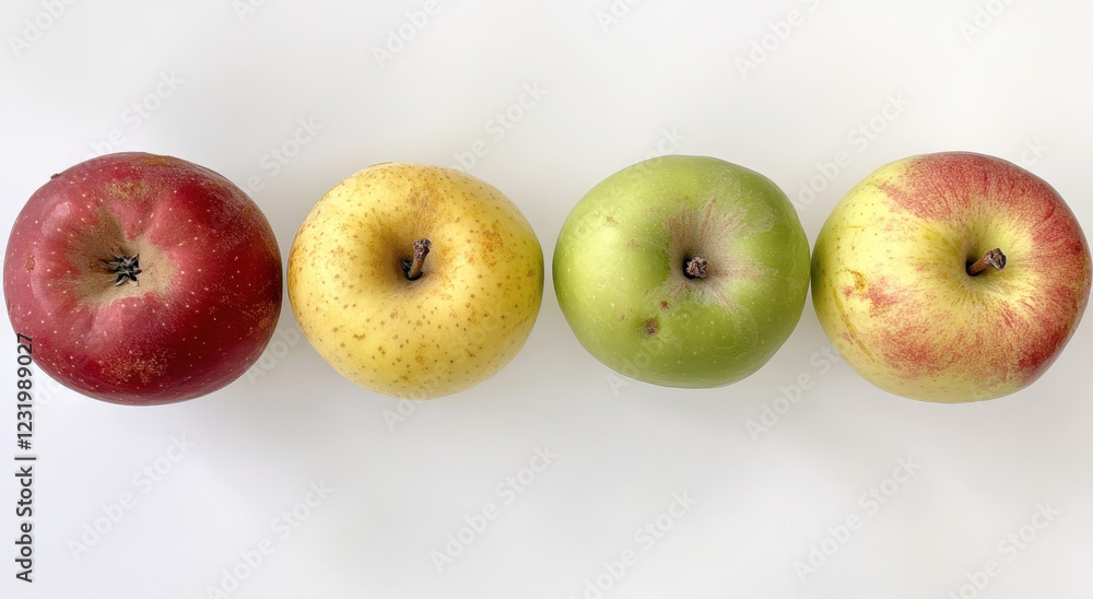 Variety of four apples in different colors lined up on a clean white surface Variety of four apples in different colors lined up on a clean white surface