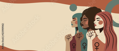 Women's day, women's month, equality day. Beautiful women of different skin colors and hairstyles stand together, clenching their hands into fists. Vector banner with space for text for women's holida