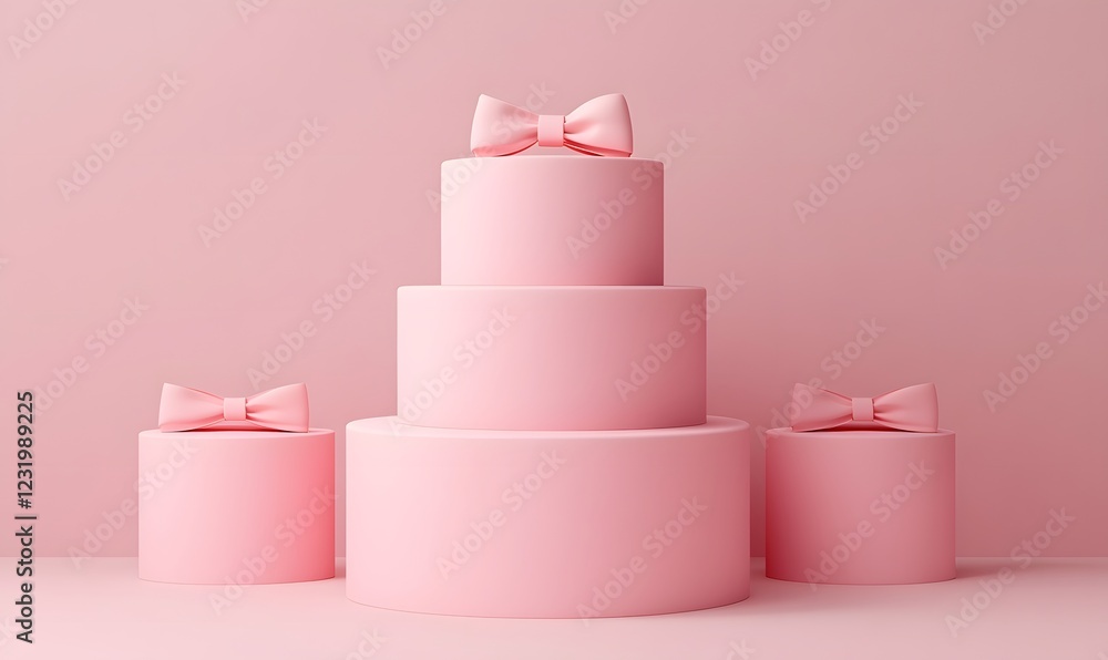 Pink tiered cake display, pastel background, studio shot, product placement Pink tiered cake display, pastel background, studio shot, product placement