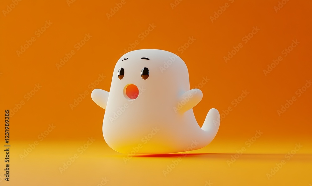 Cute cartoon ghost floating on orange background, ideal for Halloween projects Cute cartoon ghost floating on orange background, ideal for Halloween projects