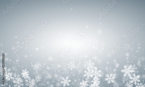 Chaotic flying snow flakes pattern. Wintertime dust frozen elements. Snowfall weather white gray composition. Soft snowflakes christmas vector. Snow cold season scenery.