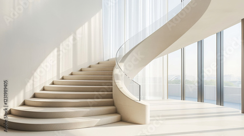 Modern spiral staircase in bright interior with large windows and natural light