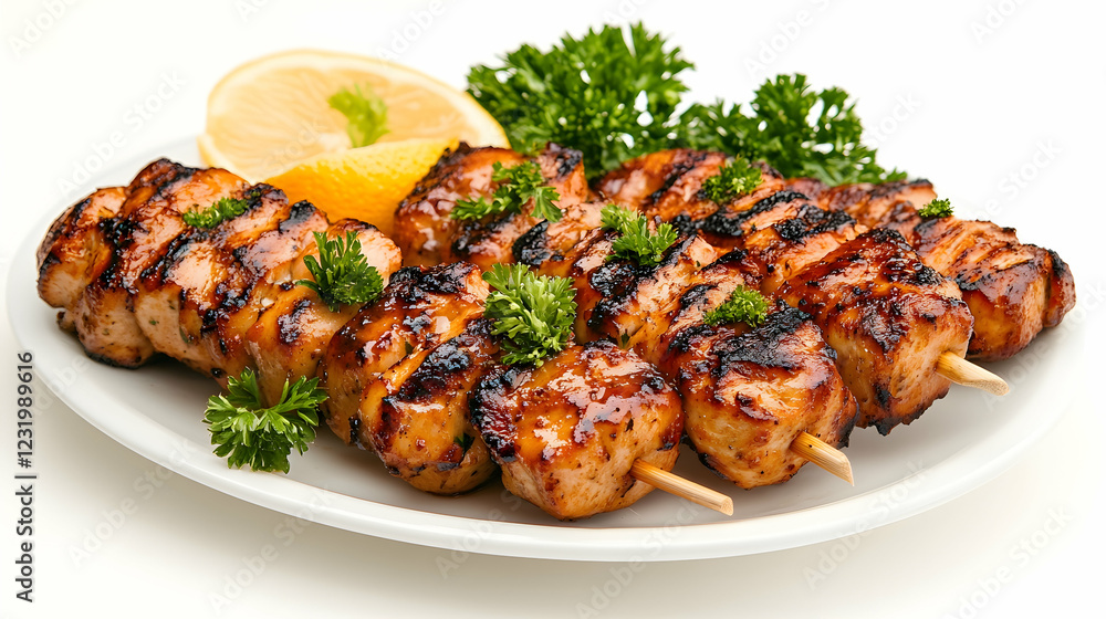 Grilled chicken skewers with lemon and parsley, summer food photography, delicious BBQ recipe Grilled chicken skewers with lemon and parsley, summer food photography, delicious BBQ recipe