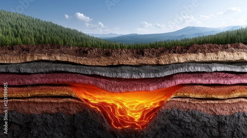 Geothermal Energy Concept. A cross-section of Earth's layers featuring vibrant lava, rocky strata, and greenery above, illustrating geological processes and natural beauty.