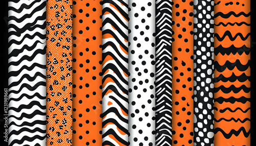 Halloween orange and black seamless patterns; various textures for textile design