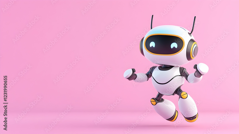 Happy robot jumping on pink background; AI, technology, future concept; website banner Happy robot jumping on pink background; AI, technology, future concept; website banner