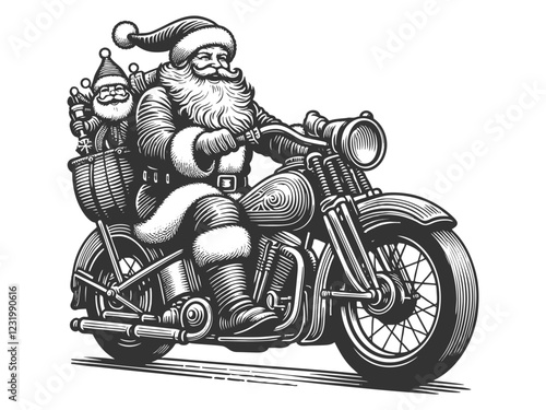 Santa Claus on motorcycle carrying sack of gifts. Festive and fun holiday scene. sketch engraving generative ai fictional character vector illustration. Scratch board imitation. Black and white image.