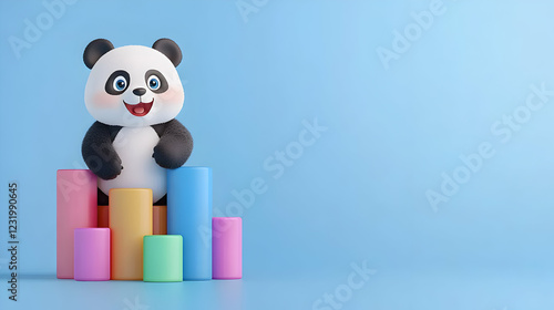 Happy panda sitting on colorful bar graph, light blue background; children's book illustration photo