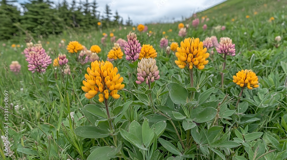 Obraz premium A meadow filled with tiny yellow and pink wildflowers.