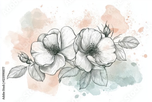 botanical ink illustration of wild roses, delicate line art with watercolor splash accents, vintage style photo