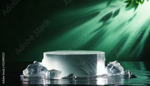 A beautiful ice podium floating on water against a deep green backdrop—perfect for highlighting your product photo