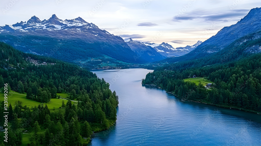 Majestic alpine lake sunrise, mountain valley, tranquil landscape, travel postcard Majestic alpine lake sunrise, mountain valley, tranquil landscape, travel postcard
